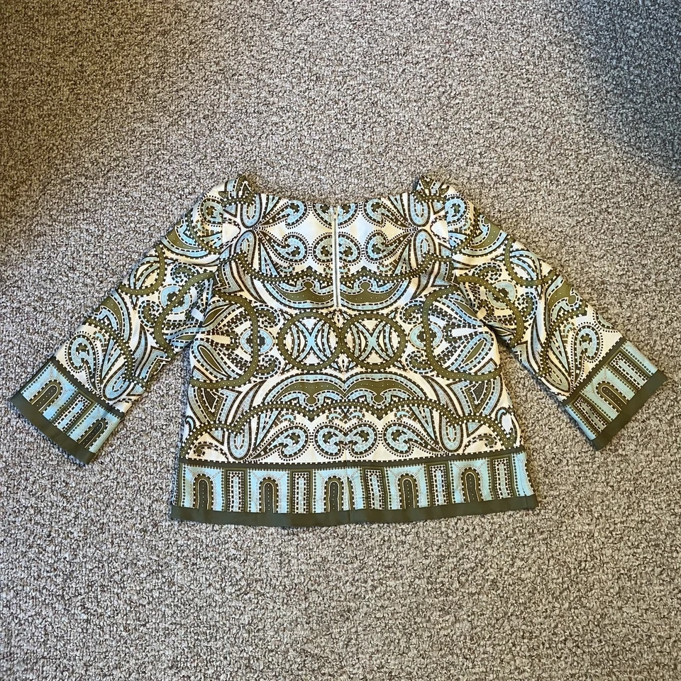 J. Blusa Crew Talitha Trastevere 100 % seda talla 14 verde geométrico manga 3/4 Foto 4 de 4