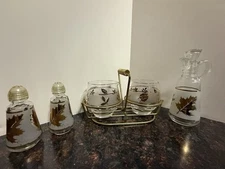 Vintage Libbey Gold Leaf Sugar, Creamer, Salt, Pepper, And Vinegar Cruet Set