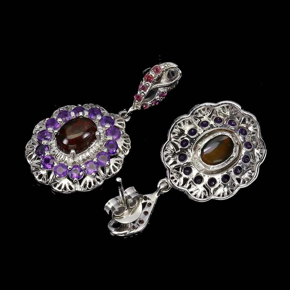 Orecchini In Argento Sterling 925 Con Opale Nero E Gemma Di Ametista 8x6mm - Immagine 3 di 4