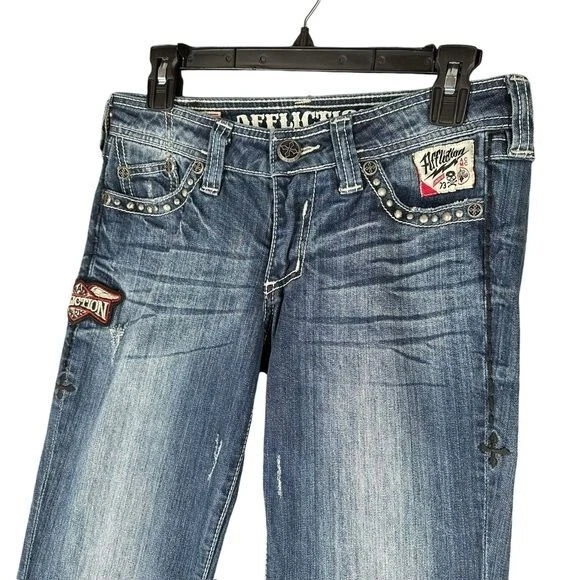 Pantalones de mezclilla para mujer Affliction 27 parches grunge punk calle bigotes elásticos Foto 3 de 4