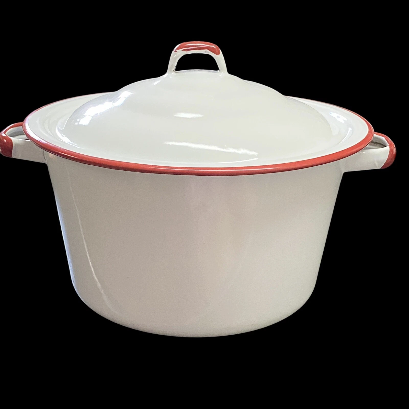 Vintage Enamelware Stockpot Pan & Lid 8x5" White & Red Enamel Soup Stew Camping