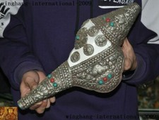 Old Tibet Silver inlay Turquoise Eight treasure symbols Conch Trumpet Horn Shell