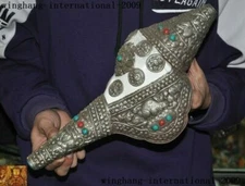 Old Tibet Silver inlay Turquoise Eight treasure symbols Conch Trumpet Horn Shell