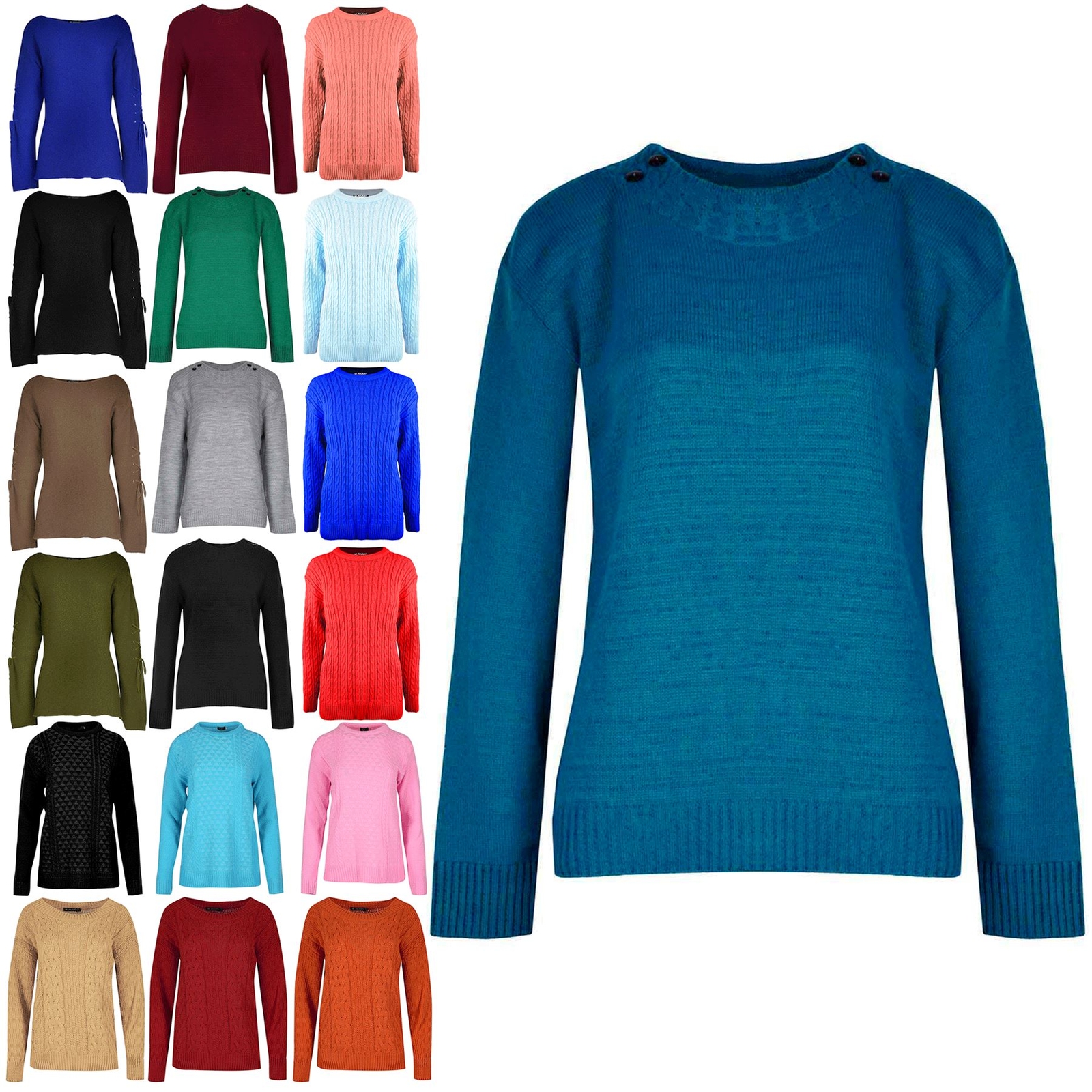 Womens Ladies 4 Button Knitted Round Cable Neck Long Sleeve Sweater