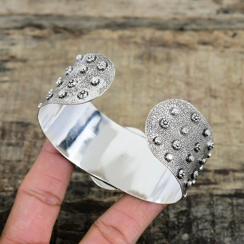 925 Sterling Silver Malachite Gemstone Handmade Jewelry Cuff Bracelet ADJ - Image 4 of 4