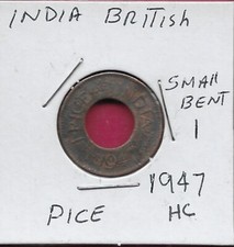 INDIA BRITISH 1 PICE 1947 NO DOT,CALCUTTA MINT,HIGH CROWN,WREATH SURROUNDS THE C