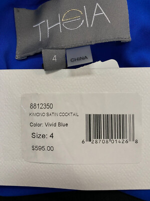 $595 Theia Women's Blue Satin Vivid Gathered Waist Kimono Sleeve