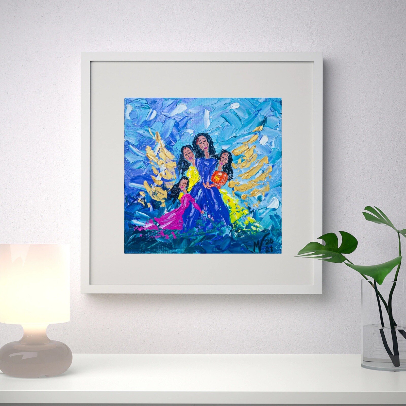 Mother Three Daughters Painting Angel Original Art 8