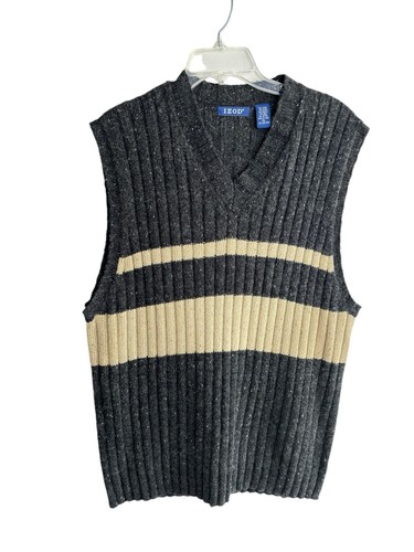 Izod Mens Sweater Vest Size XL Gray Tan Tweed V-Neck Wool Blend Kurt Cobain 90's