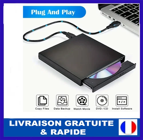 Lecteur CD DVD Externe USB, Graveur Slim Portable PC/Mac, Plug & Play, Rapide