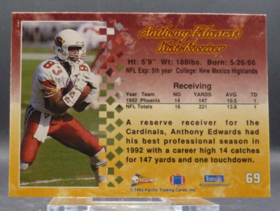 エンゼルス　ニック・エイデンハート　サインカード 1993 Pacific #69 Anthony Edwards Phoenix Cardinals Football Card