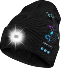 Bluetooth LED Beanie Hat with Music Speakers Mic Rechargeable Cap Head Lamp Gift