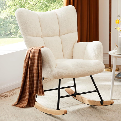 Upholstered Nursery Rocking Chair, Glider Recliner with High Backrest for Home