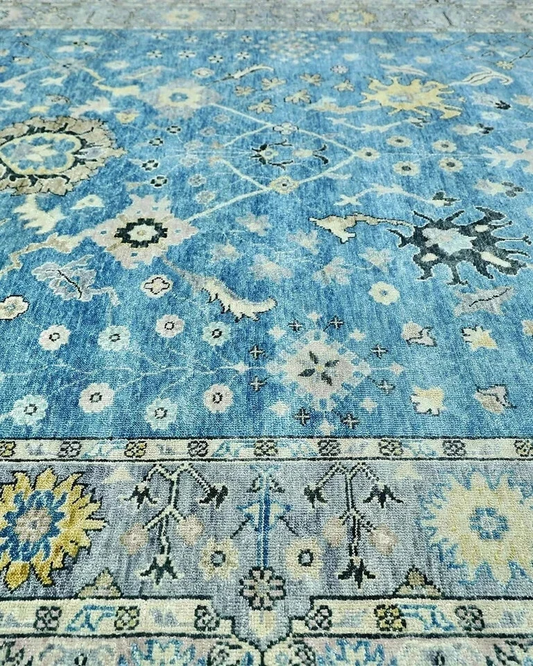 Blue Green Genuine Hand Knotted Oushak Geometric Area Rug Carpet Turkish 6x9 ft - Image 3 of 4