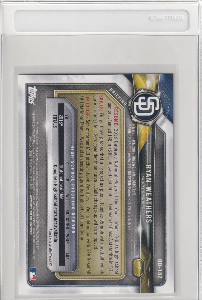 2018 BOWMAN 1ST RC RYAN WEATHERS SAN DIEGO PADRES FIRST ROOKIE (QTY) S4143 - Image 2 of 2