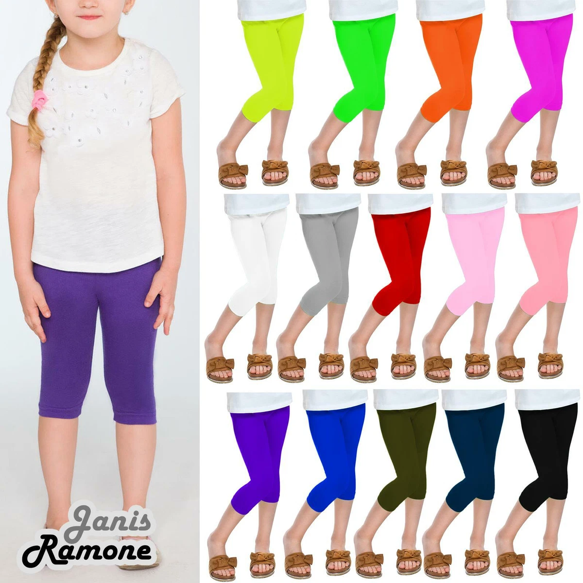 Children Girls Plain Stretchy Basic 3/4 Capri Leggings Summer Kids