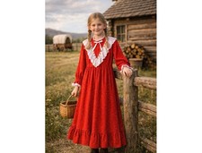 Vintage Handmade Girls Sweet Prairie Dress Red Calico Floral Eyelet Lace Size 8