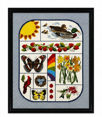 Vintage Framed Nature Sampler Cross Stitch Needlework Birds Butterfly Wall Art