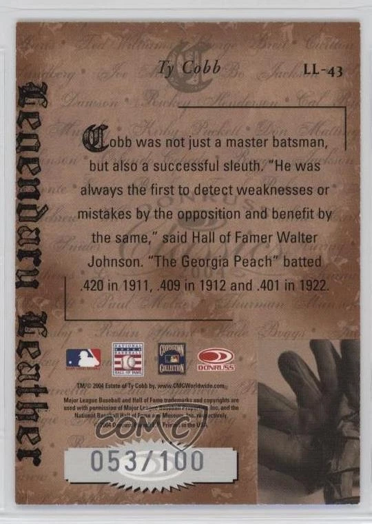 Donruss Classics Legendary Leather 2004/100 Ty Cobb #LL-43 HOF Foto 2 de 2