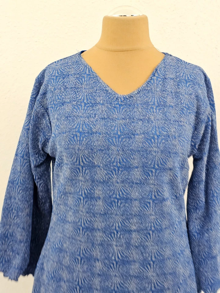 40-42 Shift Dress Glitter Side Slit Bell Sleeve Blue Floral Pattern - Image 4 of 4