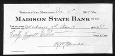 Madison State Bank - Virginia City, MT 1919 Bank Check - Pay to Same