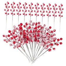 32PCS 9" Artificial Holly Berry Stems Christmas Berry Picks Sprays Snowy Fake