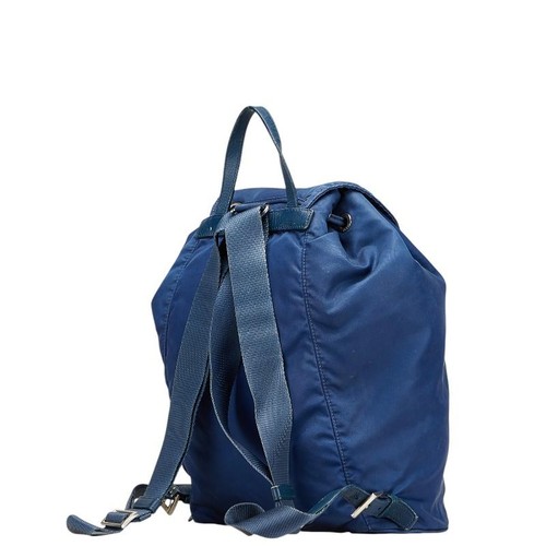 Prada Triangle Logo Plate Backpack Blue Nylon Leather Ladies Used - Picture 2 of 10