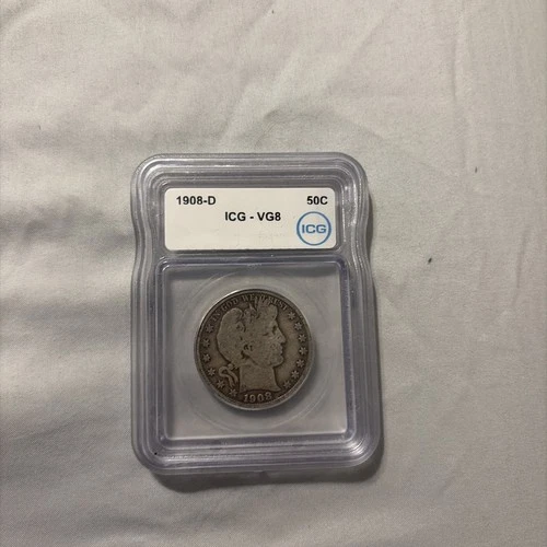 1908 D US  50c Barber Half Dollar ICG VG8 90% Silver Coin