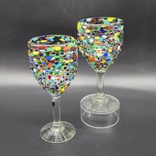 Set of 2 Mexican Confetti Wine Glass Goblets Hand Blown His & Hers 7.25" & 8" T