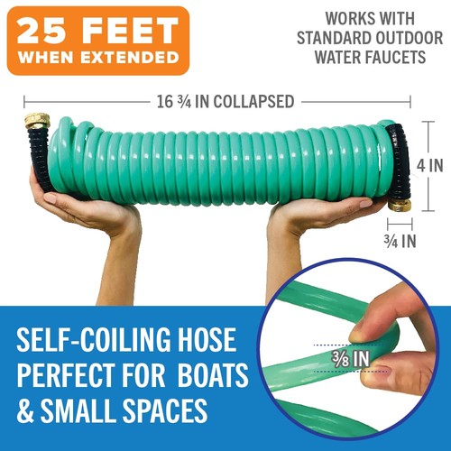 25FT Coiled Boat Hose, Expandable Coil Water Hose, Marine Grade 3/4 Inch Conn... - Picture 2 of 7
