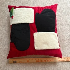 Christmas Mittens Red Velvety Fleece Throw Pillow Pockets 18” X 18” 