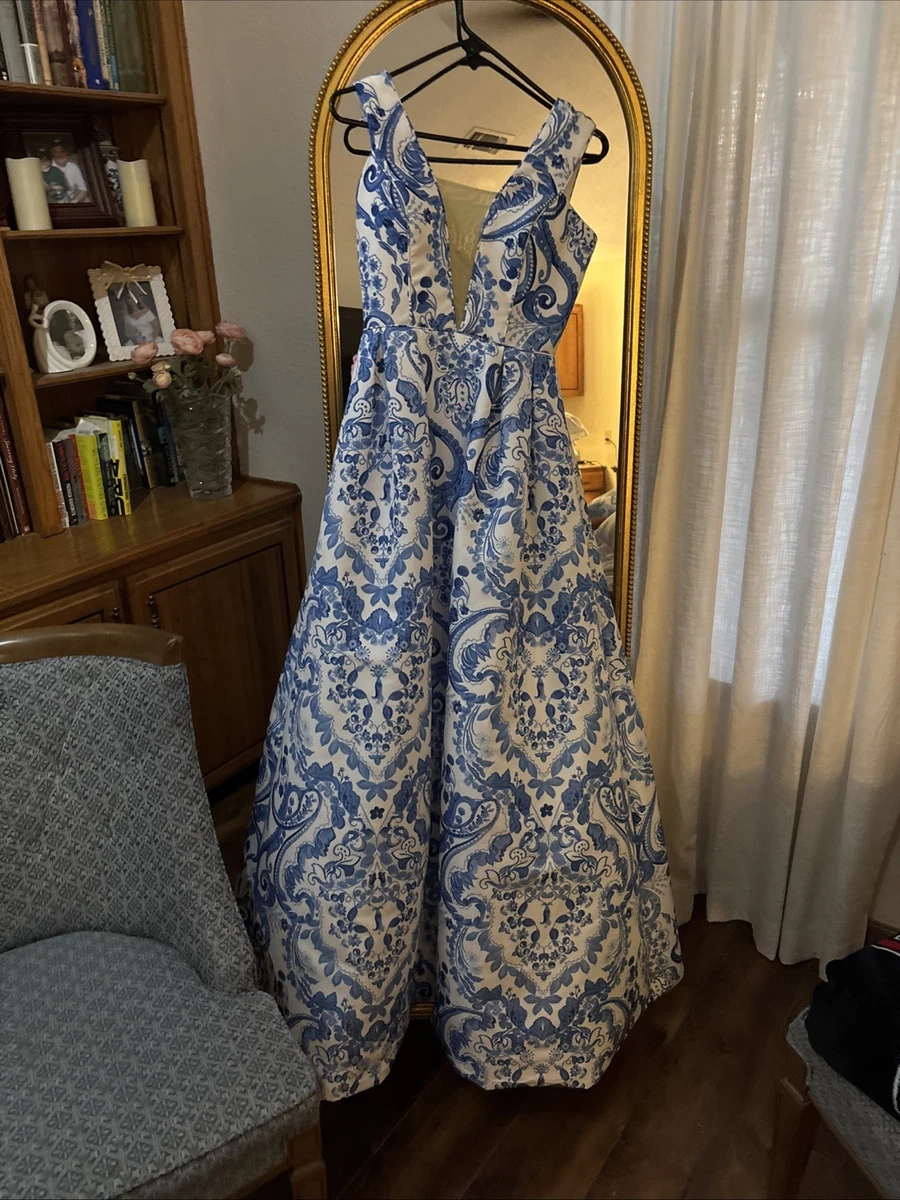 sherri hill blue and white floral prom dress Sherri Hill 53902 Prom Dress - Ivory-Blue-Print main image 1