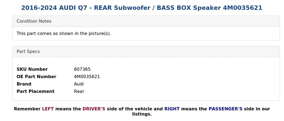 AUDI Q7 2016-2024 - Subwoofer trasero / Altavoz caja de bajos 4M0035621 Foto 4 de 4