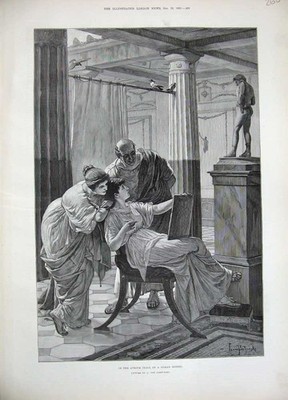Original Old Antique Print 1889 Artist Atrium Hall Roman House Lady Statue Art
