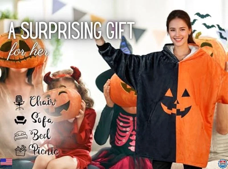 Oversized Flannel Wearable Blanket Hoodie - Spooky Pumpkin Halloween Gift