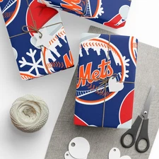 MLB Wrapping Paper, New York Mets Gift Wrap, Baseball Team Holiday