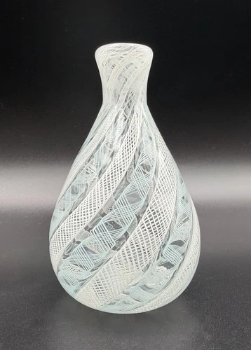 Murano Art Glass Blue & White Latticino Swirl Bud Vase 4” Made in Italy AS IS