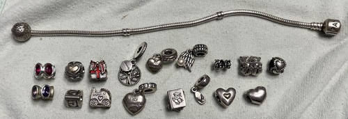 Pandora 7" Sterling Charm Bracelet 925 ALE w 17 Pandora Charms