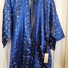 Vintage Silk Fashion Blue Satin Kimono Robe with Gold Kanji Calligraphy Embroide