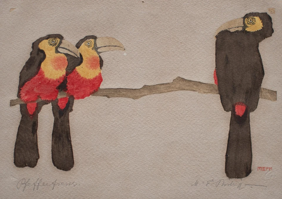 Farbholzschnitt Martin Erich Philipp MEPH Pfefferfresser Tukan signiert um 1909 - Bild 3 von 4