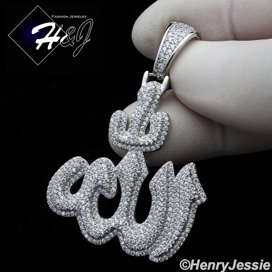 MEN SOLID 925 STERLING SILVER ICY BLING CZ 3D SILVER MUSLIM ALLAH