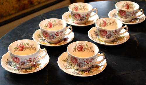 Vintage SHERATON Johnson Bros 10 CUPS/SAUCERS Hand Painted Transferware OLD MRK