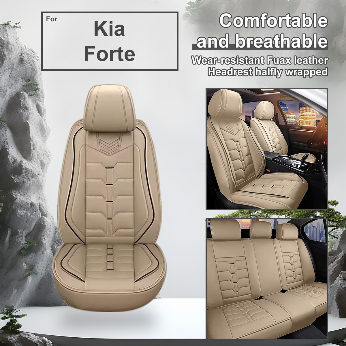 Car Seat Cover Cushion 5 Sits Cover Fuax Leather For Kia Forte 2010-2024 Beige-image