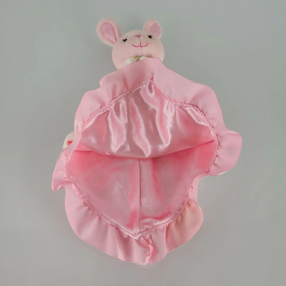 Prestige Bunny Rabbit Blanco Rosa Flor Rosa Satén Manta de Seguridad Lovey Volantes Foto 2 de 3