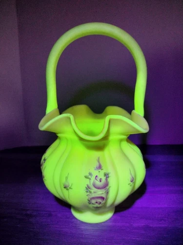 Fenton Uranium Burmese Basket Hand Painted Roses Signed By Artist & W.C. Fenton