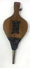 Vintage 17” Wood Leather Fireplace Bellow Brass Coat Of Arms Design