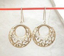 Diamond Cut Filigree Floral Dangle Drop Earrings Real Solid 14K Yellow Gold