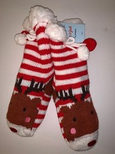 CAT  JACK Girls' Slipper Socks in RED/WHITE STRIPE REINDEER Faux Fur Lining Sm