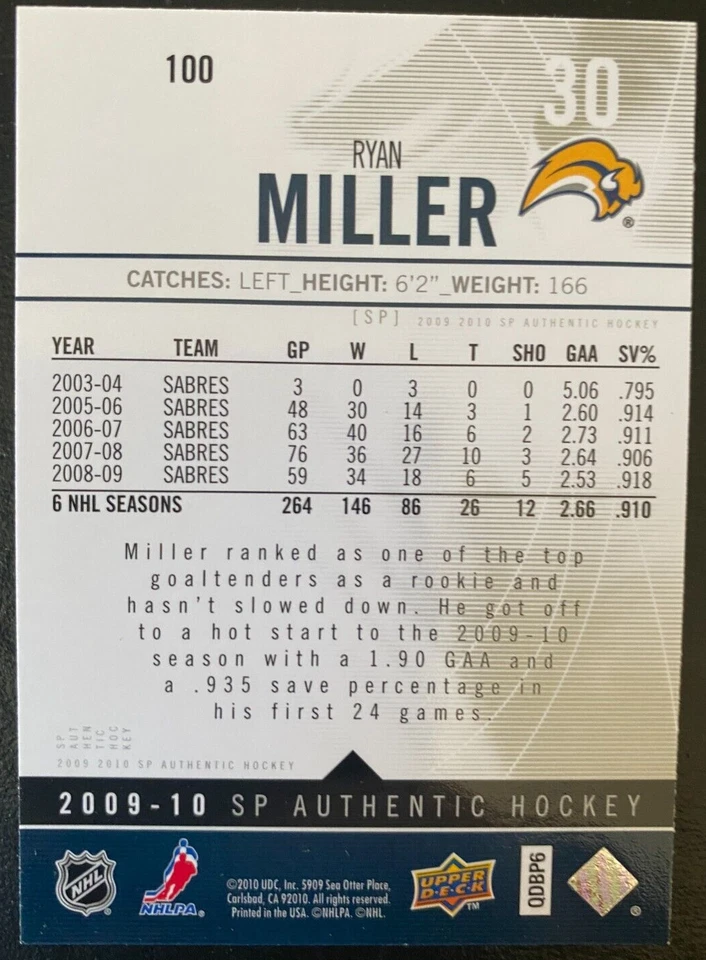 Ryan Miller 2009-10 SP Authentic Hockey #100 Buffalo Sabres - Image 2 of 2