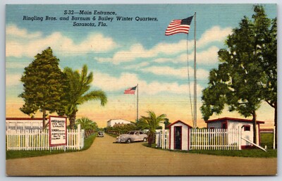 Main Entrance Ringling Bros Winter Quarters Sarasota Linen Postcard c1935-45 VGC